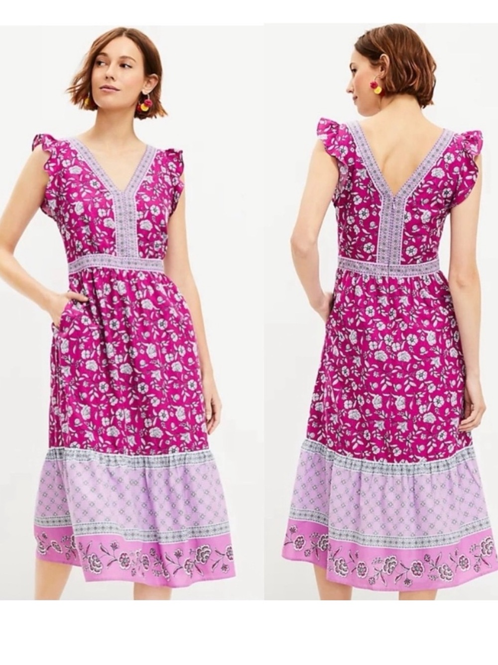 LOFT Magenta Pink Floral Midi Ruffle Dress